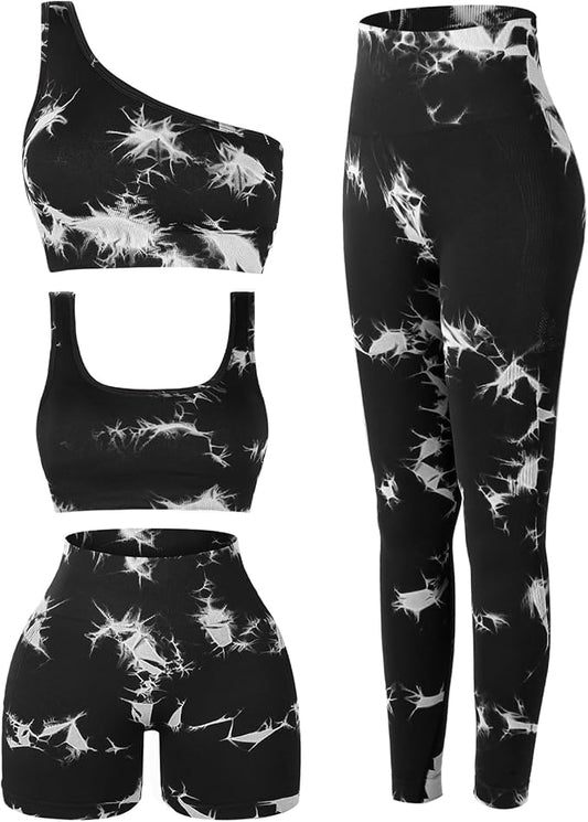 4 Pcs Women's Workout Sets Pilates Exercise Outfit Ribbed Scoop Neck Sports Bra Shorts Leggings Gym Clothes Set