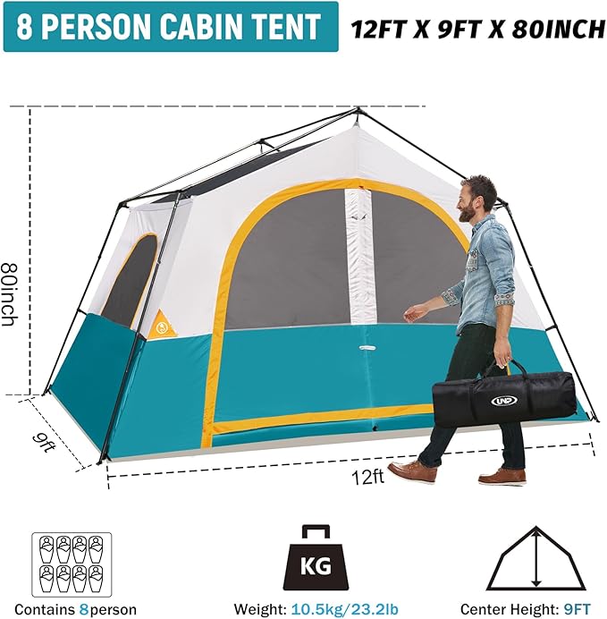 HIKERGARDEN 8 Person Camping Tent - Portable Family Traveling-12'x9'x80in(H)