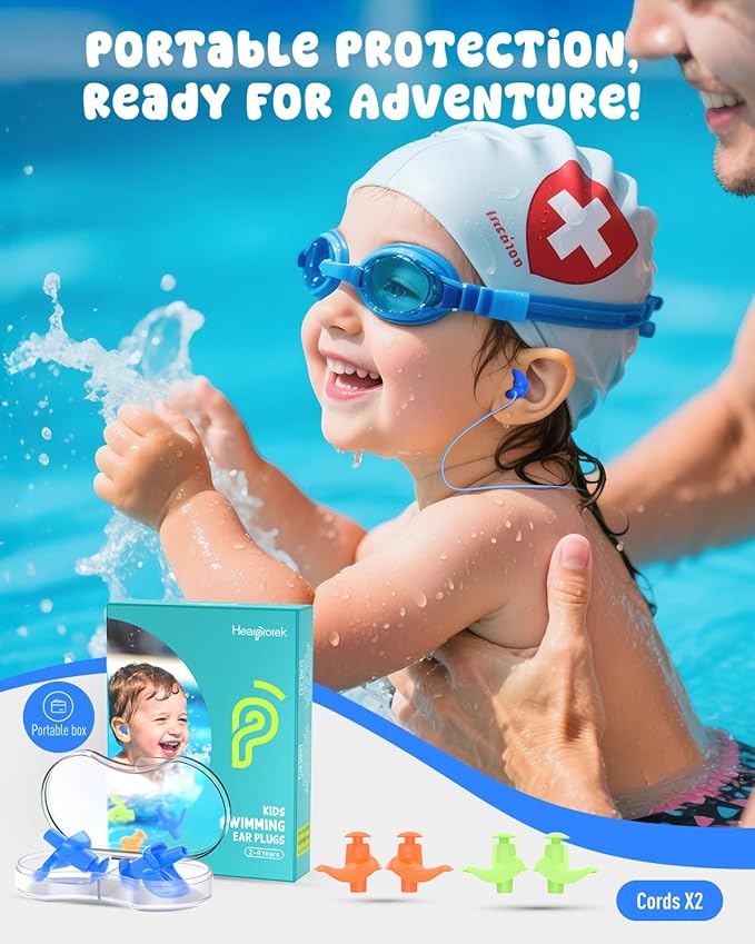 Hearprotek 3 Pairs Swimming Ear Plugs for Kids, Soft Silicone Reusable Waterproof Earplugs for Toddlers Bathing Swimming and Other Water Sports(Blue/Orange/Green)