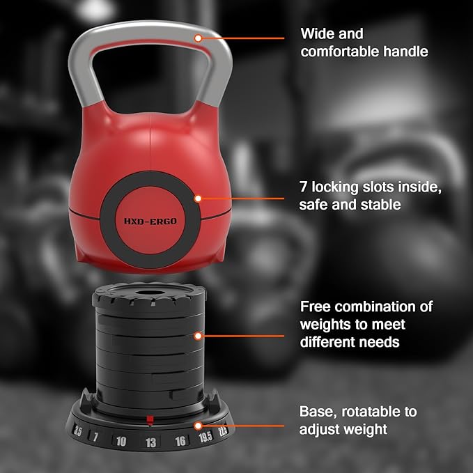 7-in-1 Adjustable Kettlebell, Quick-Adjust Kettlebell for Strength Training, 5-44 LBS Adjustable Weights for Home Gym