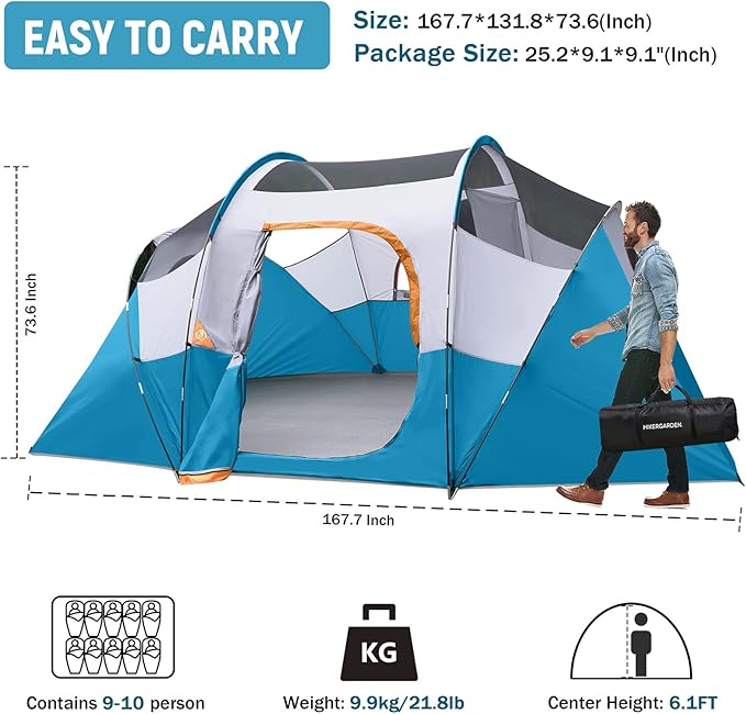 HIKERGARDEN 10 Person Camping Tent - Portable Easy Traveling-14'x11'x74in(H)