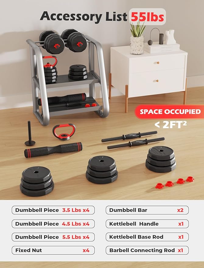 Adjustable Dumbbells, 20/30/40/55/60/70/80/90lbs Free Weights Dumbbells Convertible 2 or 3 in 1 Set Used as Barbell, Kettlebells, A Pair of Lightweight for Home Gym