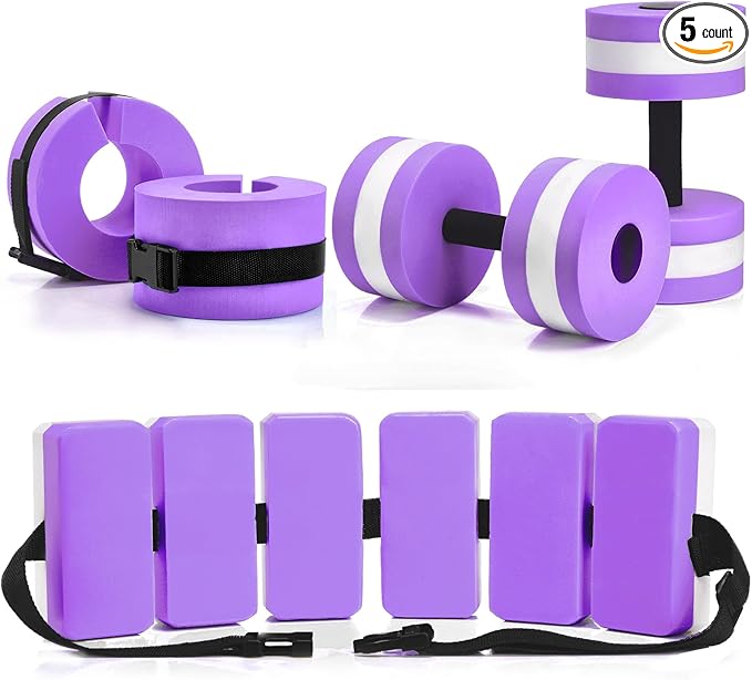 5 Pcs Aquatic Exercise Set Including 2 Ankle Swimming Weights 2 Lightweight Aquatic Exercise Dumbbells and Swim Belt Pool Exercise Equipment for Aquatic Aerobics Exercise