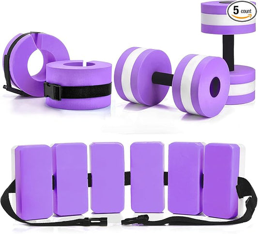 5 Pcs Aquatic Exercise Set Including 2 Ankle Swimming Weights 2 Lightweight Aquatic Exercise Dumbbells and Swim Belt Pool Exercise Equipment for Aquatic Aerobics Exercise