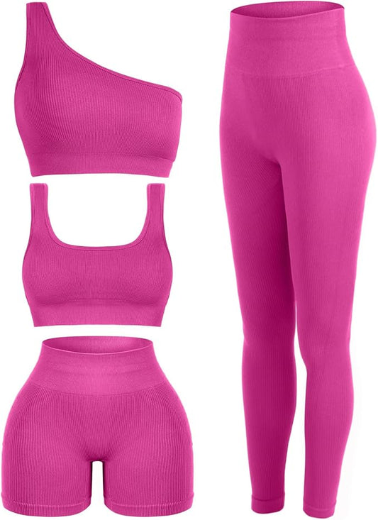 4 Pcs Women's Workout Sets Pilates Exercise Outfit Ribbed Scoop Neck Sports Bra Shorts Leggings Gym Clothes Set