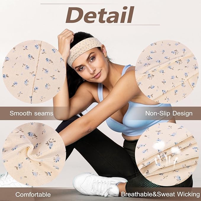 Headbands for Women Non Slip - 7PCS Fashion Sports Hair Bands for Women's Hair, Soft Cotton Cloth Stretchy Headbands for Women for Workout Yoga Running