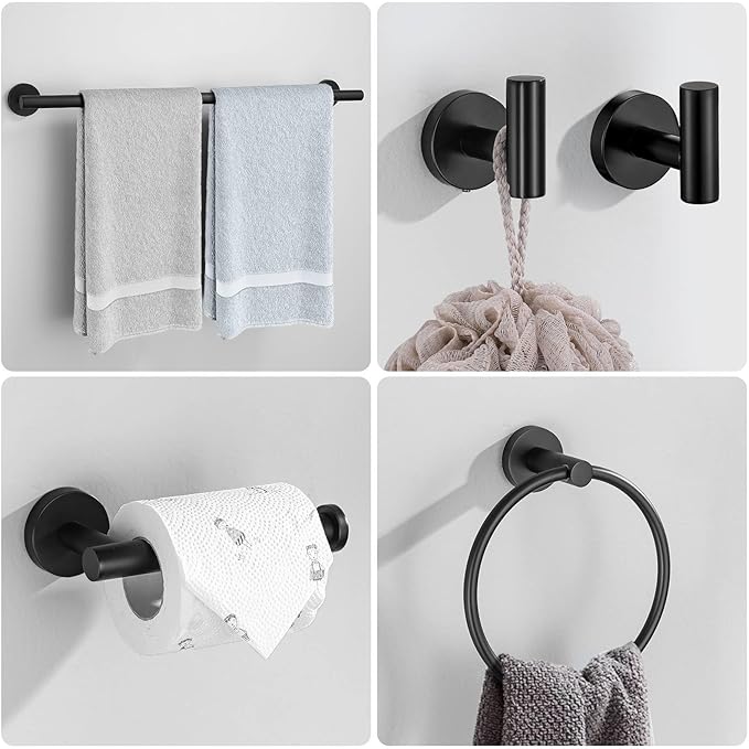 6-Piece Matte Black Towel Bar Set Bathroom Hardware SUS304 Stainless