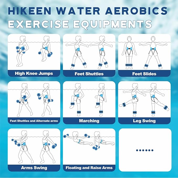 Hikeen 6-Piece Water Aerobics Pool Exercise Equipment, Aqua Aerobics Equipment Set,Includes High Density Water Dumbbell Aqua Belt and Ankle Weights for Aquatic Therapy,Pool Fitness