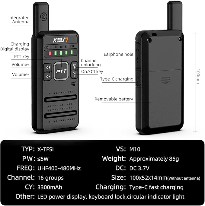 M10 Walkie Talkies with Long Range Signal 3300mAh Battery 16 Preset 2 Pack)