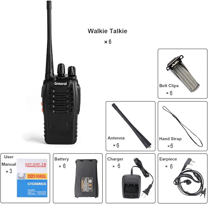 Long Range Walkie Talkies Rechargeable Two-Way Radios with Earpiece 16-Channel UHF 400-470MHz (Pack 6)