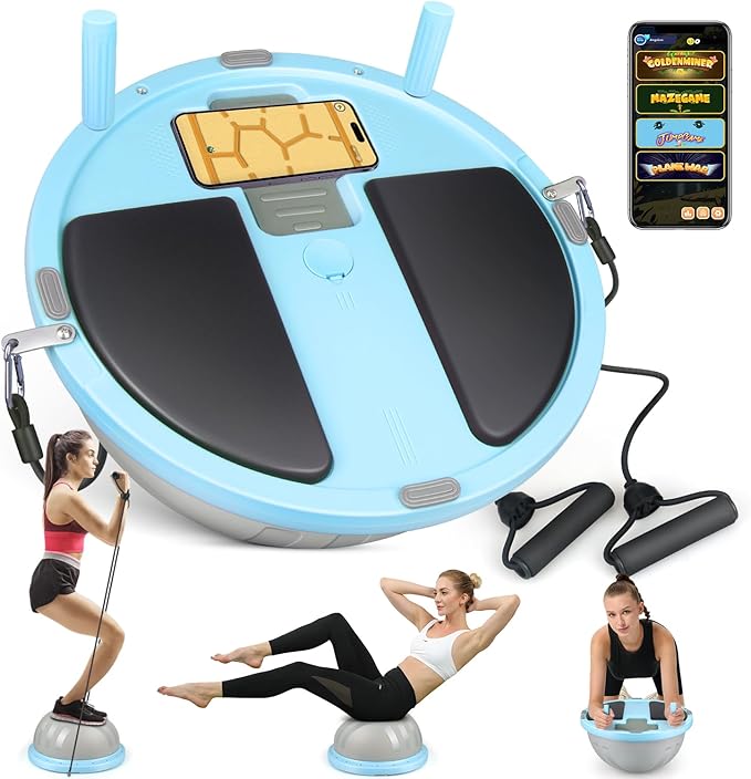 2-in-1 Balance Ball & Plank Board Trainer with App & 4 Interactive Games, Half Exercise Ball for Pilates & Yoga, Core Strength Training, Home Gym Workout, with 2 Resistance Bands & Pump