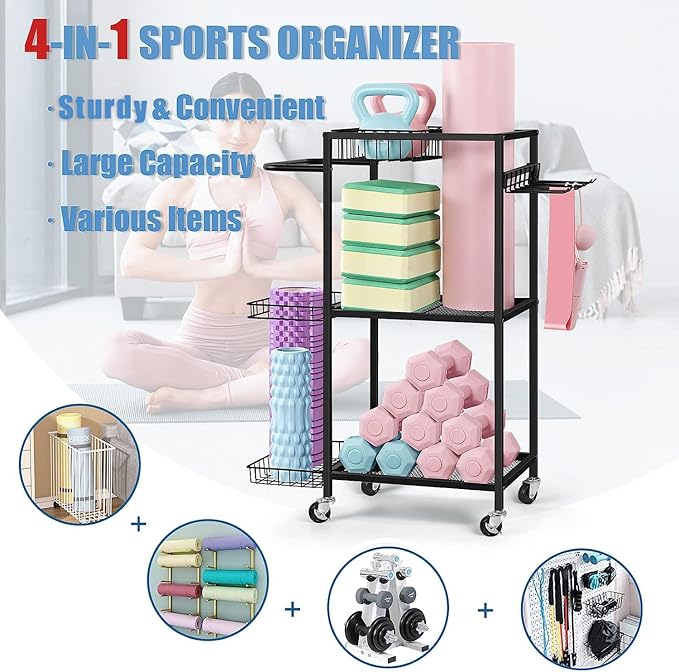 LIANTRAL Yoga Mat Storage Rack - Metal Gym Organizer for Yoga Mats, Foam Rollers & Fitness Equipment, Space Saving Workout Equipment Storage Rack for Home Exercise and Fitness Gear