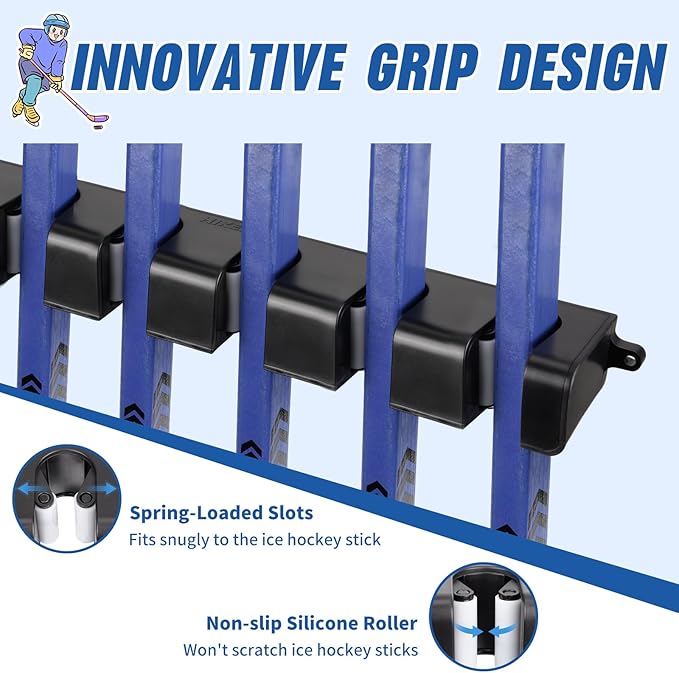 Hikeen Hockey Stick Wall Mount, Enhanced Stability Ice Hockey Stick Display Holder, Space-Saving Hockey Stick Organizer Holds up to 6 Sticks for Any Home Office Wall