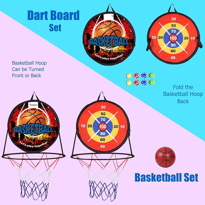 2 in 1 Basketball Hoop and Dart Board, 14" Dart Board for Kids, Basketball Hoop for Kids Toddlers, Sports & Outdoor Play, Birthday Gift Toys for 3 4 5 6 7 8 9 10 Year Old Boys Girls Kids, Party Favors