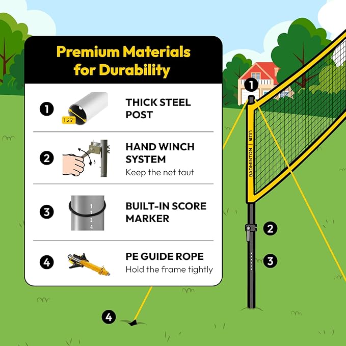 A11N Outdoor Badminton Set - Includes Anti-Sag Net 4 Rackets, 2 Shuttlecocks,