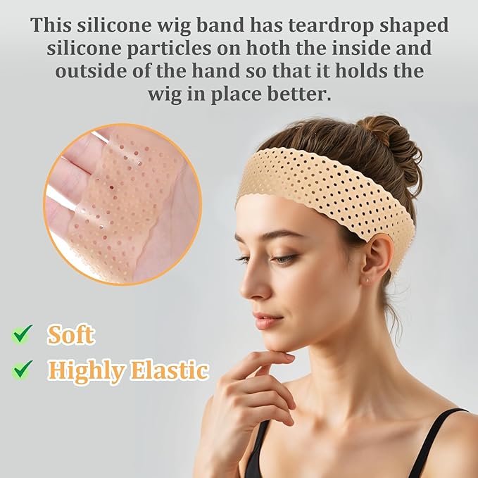 Adjustable Silicone Wig Headband Grip, 2 PCS Wig Grip Band Adjustable Elastic Fixed Non Slip Wig Straps Women Wig Bands Sweat-Proof Hold Wig Cap Hairband for Keeping Wig in Place(Black Beige)