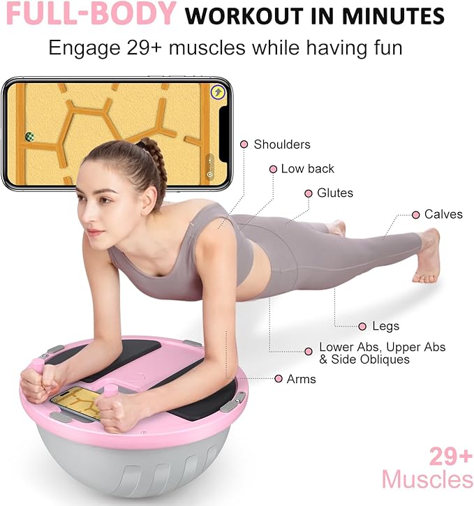 2-in-1 Balance Ball & Plank Board Trainer with App & 4 Interactive Games, Half Exercise Ball for Pilates & Yoga, Core Strength Training, Home Gym Workout, with 2 Resistance Bands & Pump