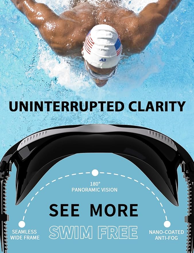 180°Panoramic Swim Goggles Adult, Ultra-Comfort Liquid Silicone Anti-Fog/UV Pool & Outdoor Women Men Youth