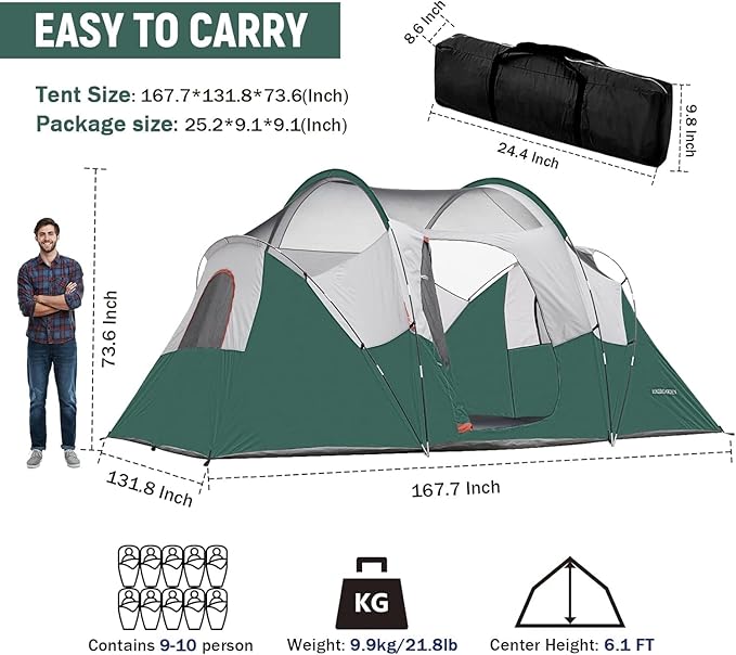 HIKERGARDEN 10 Person Camping Tent - Portable Easy Traveling-14'x11'x74in(H)