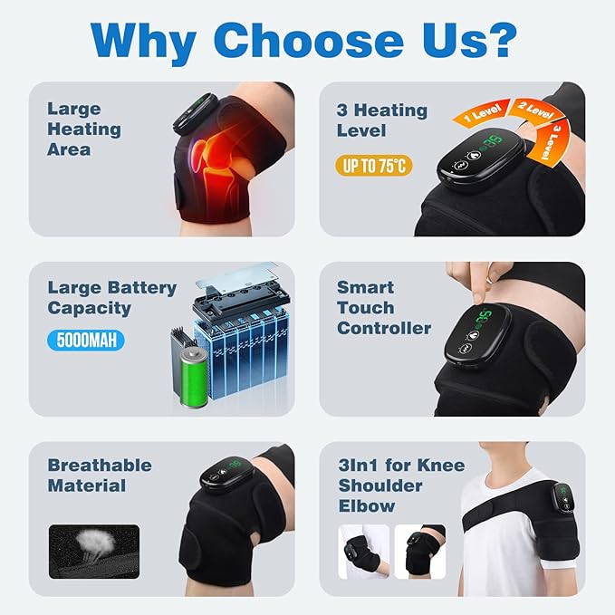 MOAJAZA Cordless Knee Heating Pad with Vibration, FSA or HSA Eligible, Heated Knee Brace Wrap, Heating Pad for Shoulder Elbow (Pack of 1 Black)