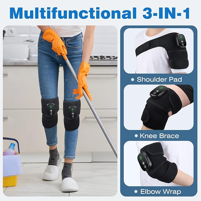 MOAJAZA Knee Massager with Heat and Vibration, Cordless Knee Heating Pad Shoulder Brace, Heated Knee Elbow Shoulder Brace Wrap for Arthritis (Pack of 2 Black)