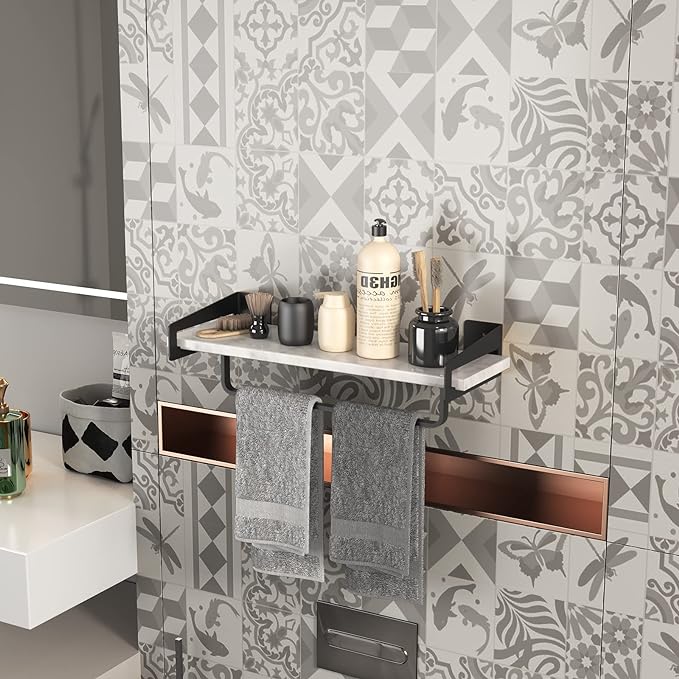 Marble Bathroom Shelf with Towel Bar 16" Metal