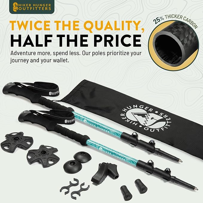 100% Carbon Fiber Trekking Poles by USA Brand - Ultra Strong Lightweight Collapsible Hiking Poles with Cork and EVA Foam Grips & Quick Adjustable Flip Locks