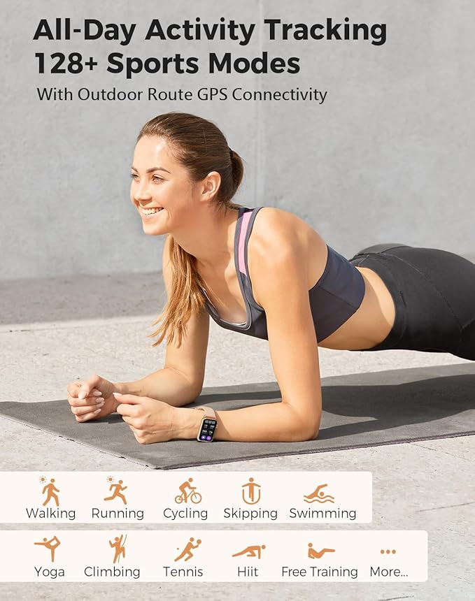 Health Fitness Tracker Smart Watch with 24/7 Heart Rate Blood Oxygen Blood Pressure Monitor Sleep Tracker 128 Exercise Modes Step Calorie Counter Pedometer IP68 Waterproof for Women Men Android iOS