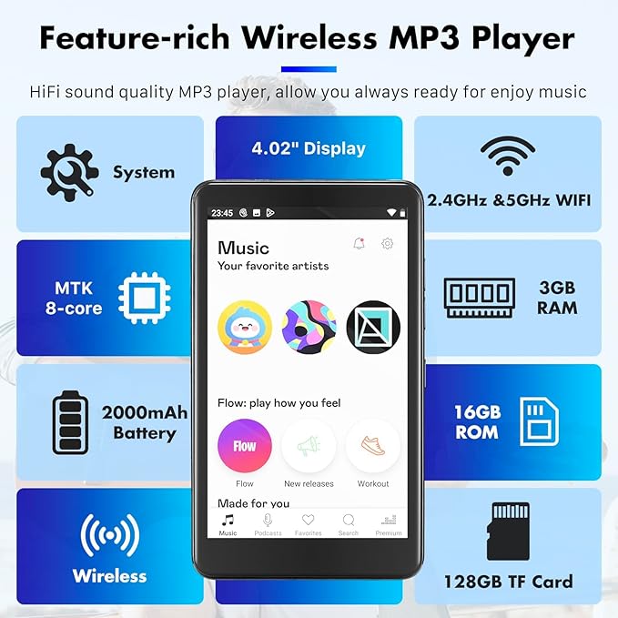 144GB MP3 Player with Bluetooth and WiFi, Android 13 Music Player 4-inch Touch Screen mp4 Players with Bluetooth with Spotify tiktok YouTube Amazon Music, MP4&MP3 Player up to 1TB (Black)