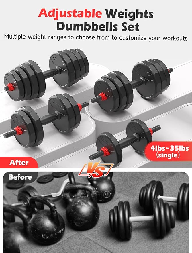Adjustable Dumbbells, 20/30/40/55/60/70/80/90lbs Free Weights Dumbbells Convertible 2 or 3 in 1 Set Used as Barbell, Kettlebells, A Pair of Lightweight for Home Gym