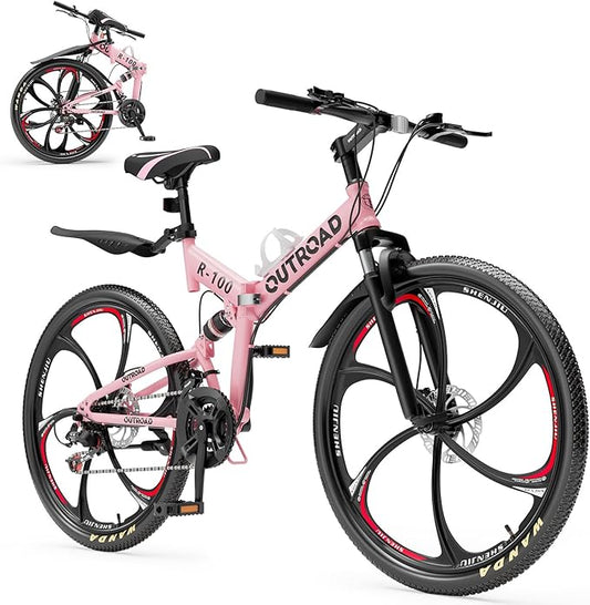 26 Inch Folding Mountain Bike, 21 Speed Full Suspension Bicycle with High-Carbon Steel, Dual Disc Brake Non-Slip Quick Release tire Folding Bicycle for Adults/Men/Women