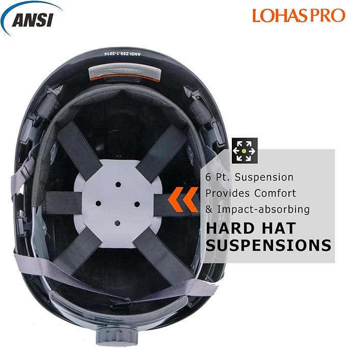 Hard Hats Construction Safety Helmet ANSI Z89.1 Approved OSHA Hardhat, LOHASPRO Vented Men Worker Black Hard Hat with Chin Strap Tree Climbing Rescue Arborist Helmet (P2 Black)
