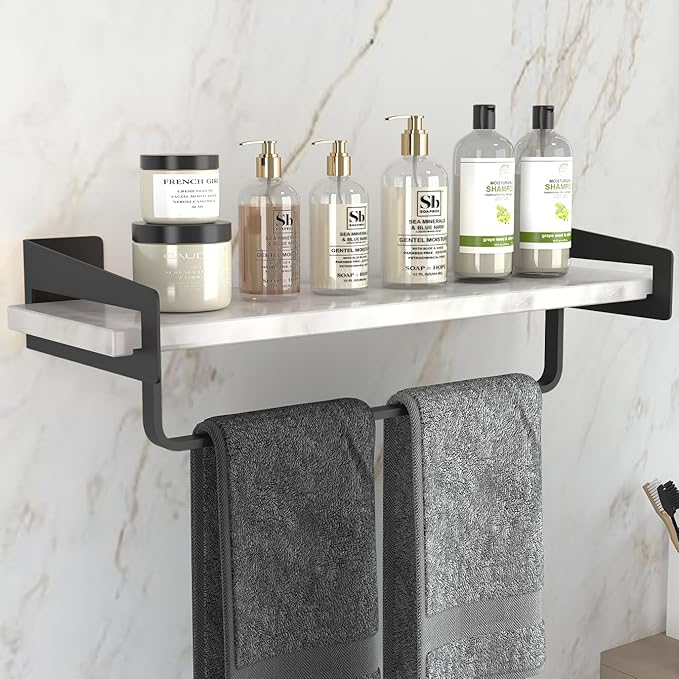 Marble Bathroom Shelf with Towel Bar 16" Metal
