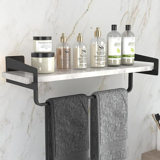 Marble Bathroom Shelf with Towel Bar 16" Metal