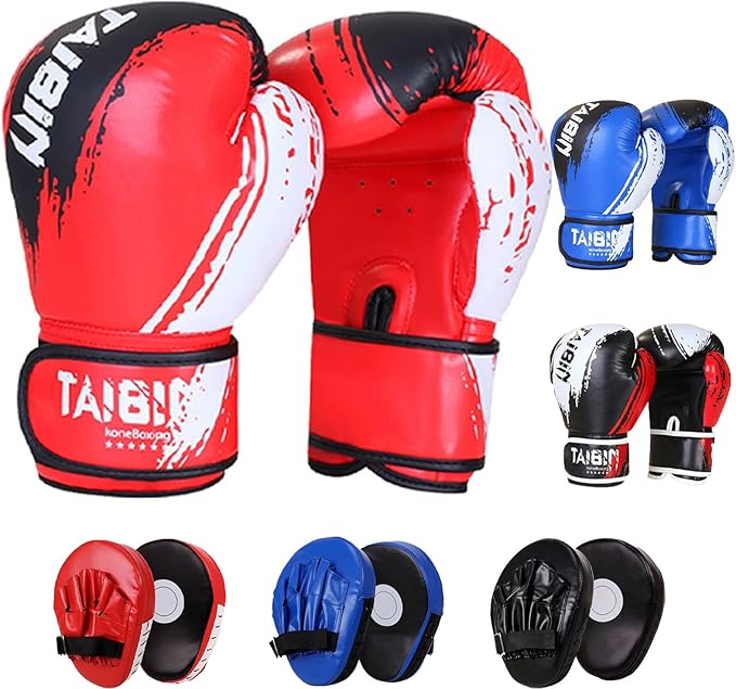 2-in-1 Boxing Gloves and Punching Mitts Set for Kids Youth,6 oz Kids Boxing Gloves and Boxing Pads,Boxing Training Equipment for Punching Bag,Kickboxing,Gift for Boys and Girls