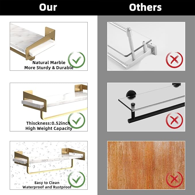 Marble Bathroom Shelf with Towel Bar 16" Metal