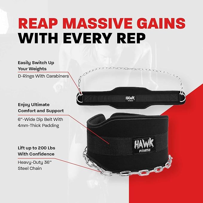 Hawk Sports Dip Belt with Chain for Bodyweight Exercises 6" Padded 36" Steel 300 lbs.