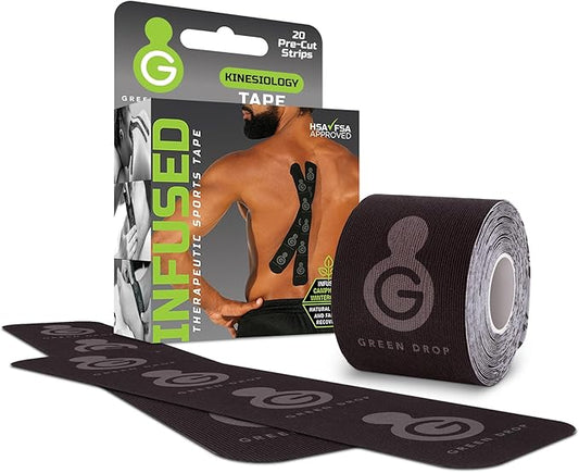 Herbal-Infused, Therapeutic Sports Tape – Stretchable, Breathable & Patented Medical Grade Kinesiology Tape for Natural Relief in Muscles, 20 Precut, 10” Strips