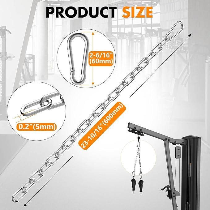 23.6" Gym Fitness Cable Extension Chain, 304 Stainless Steel Cable Machine Extension Accessory, Workout Chain for Home Gym Replacement, Weight Lifting, Triceps Exercise