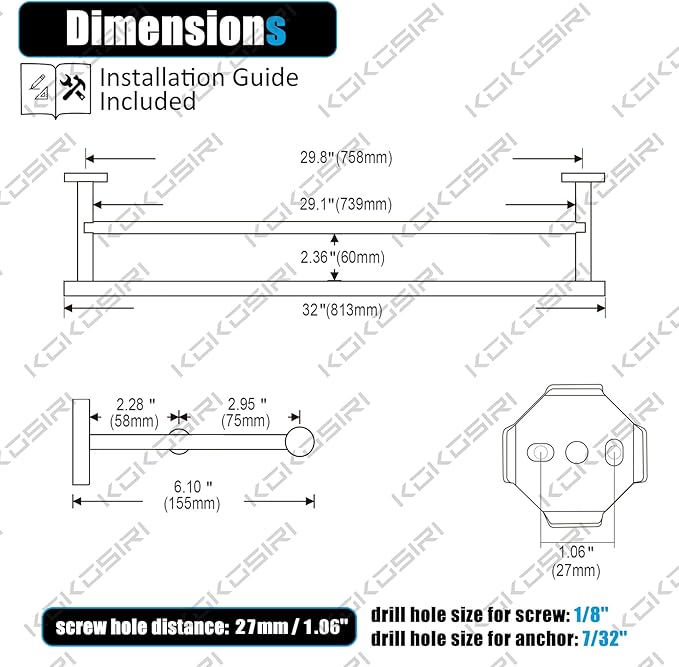 KOKOSIRI Towel Rails Bathroom Double Towel Bars Matte 32 Inch 2-Piece for 2 Pack B5005BK-L32-P2