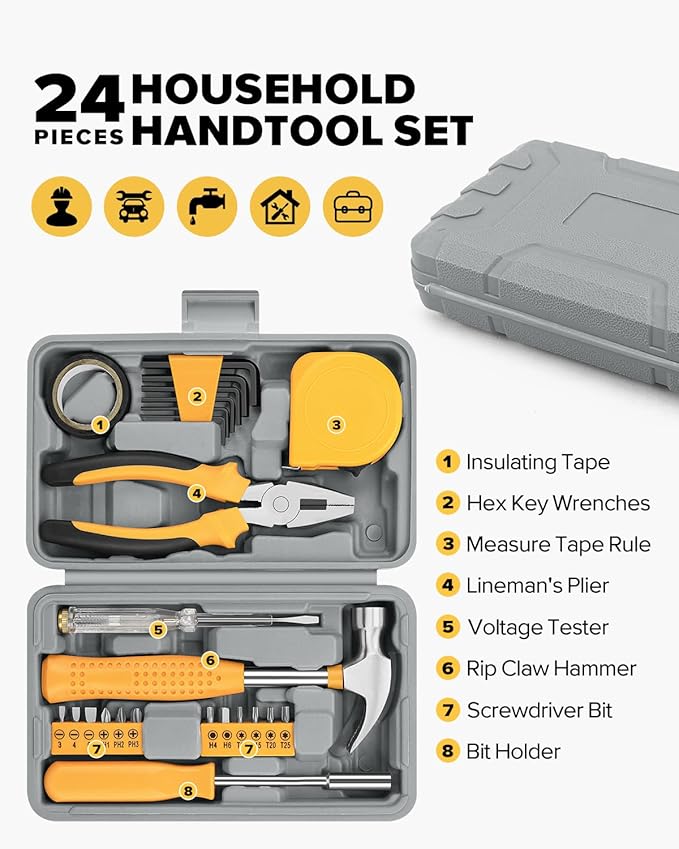 24pcs Home DIY Tool Kit for Household, Office & Garage - General Repair Small Hand Tool Set with Storage Case
