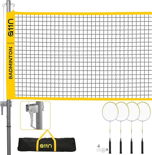 A11N Outdoor Badminton Set - Includes Anti-Sag Net 4 Rackets, 2 Shuttlecocks,