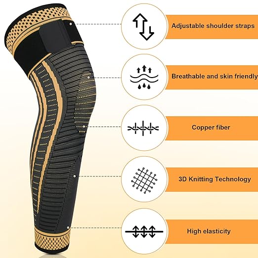 Long Copper Knee Braces for Women and Men Full Leg Compression Sleeves Anti Sliping Ventilation Long Knee Support with Wraps for ACJ, PCL, Meniscus Tear, Arthritis (Copper, Small)