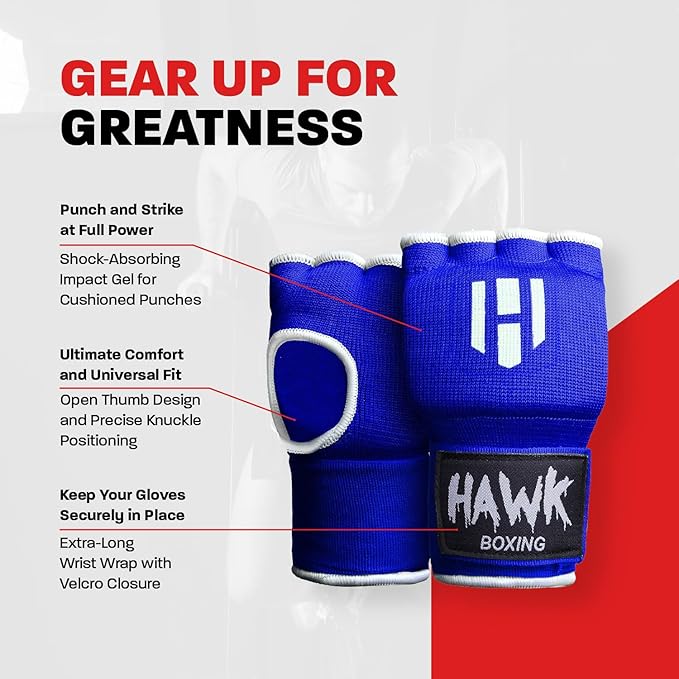 Hawk Padded Inner Gloves Training Gel Elastic Hand Wraps for Boxing Gloves Quick Wraps Men & Women Kickboxing Muay Thai MMA Bandages Fist Knuckle Wrist Wrap Protector Handwraps (Pair)