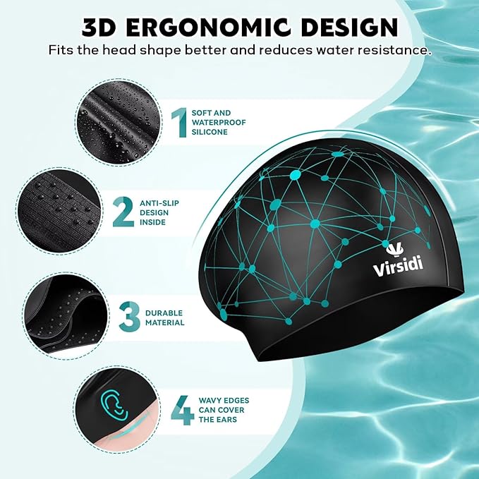 2 Pack Swim Cap for Women Men Adult, Silicone Swimming Caps for Short Long Hair, Waterproof Swim Hats Bathing Caps to Keep Hair Dry with Nose Clip and Earplugs