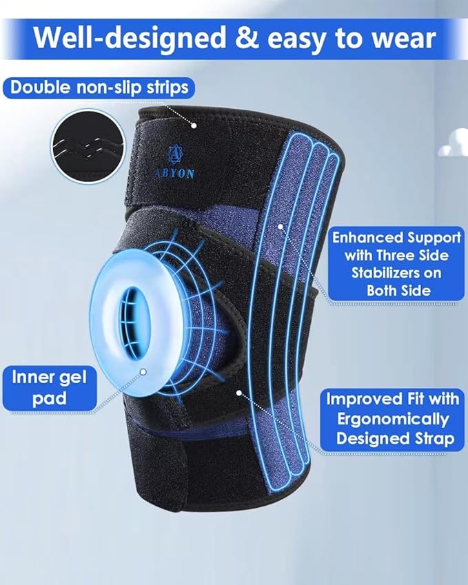 ABYON Knee Brace for Women & Men Meniscus Tear, ACL, Arthritis, Knee Support with Triple Side Stabilizers and Adjustable 360° Wraparound Strap for Maximum Knee Pain Support and Fast Recovery - Please Check How To Size Video