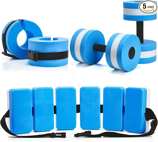 5 Pcs Aquatic Exercise Set Including 2 Ankle Swimming Weights 2 Lightweight Aquatic Exercise Dumbbells and Swim Belt Pool Exercise Equipment for Aquatic Aerobics Exercise