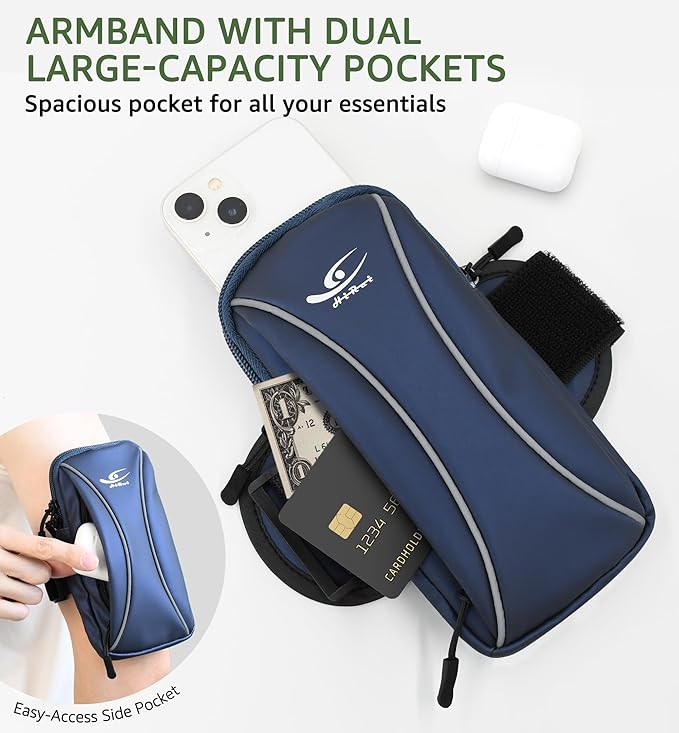 HiRui Arm Bag & Wrist Bag Phone Holder, Sports Running Armband for Gym, Cycling & Workout, Compatible with iPhone 16/15/14 Series, Samsung Galaxy & More, Reflective, Adjustable, Secure Fit (Blue)