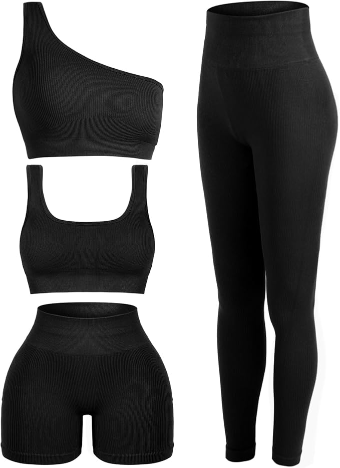 4 Pcs Women's Workout Sets Pilates Exercise Outfit Ribbed Scoop Neck Sports Bra Shorts Leggings Gym Clothes Set