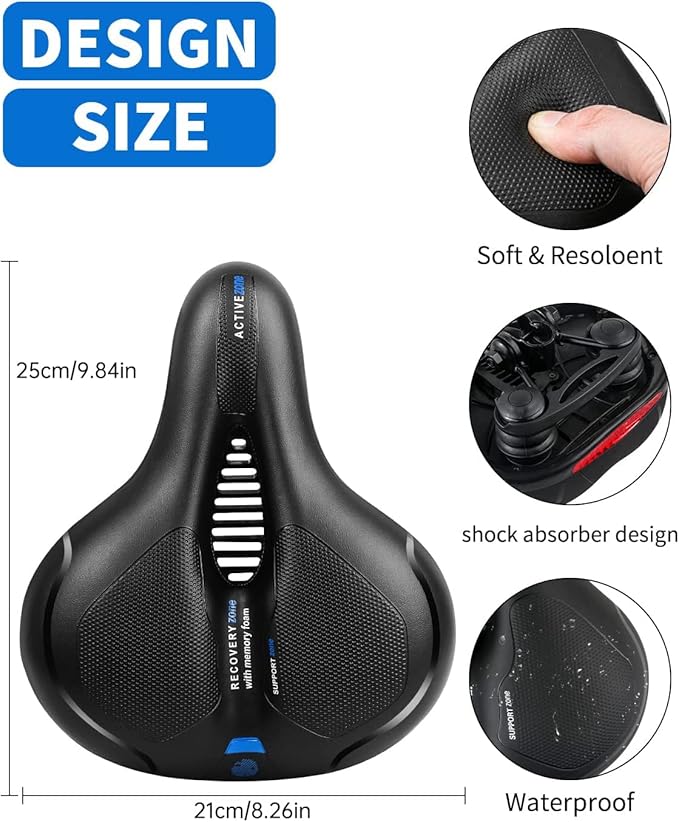 MSDADA Comfortable Bike Seat Cushion - Wide Bicycle Seat Comfort for Men Women with Dual Shock Absorption - Memory Foam Padding, Waterproof Bike Saddle for Stationary, Exercise, Mountain, Road Bikes